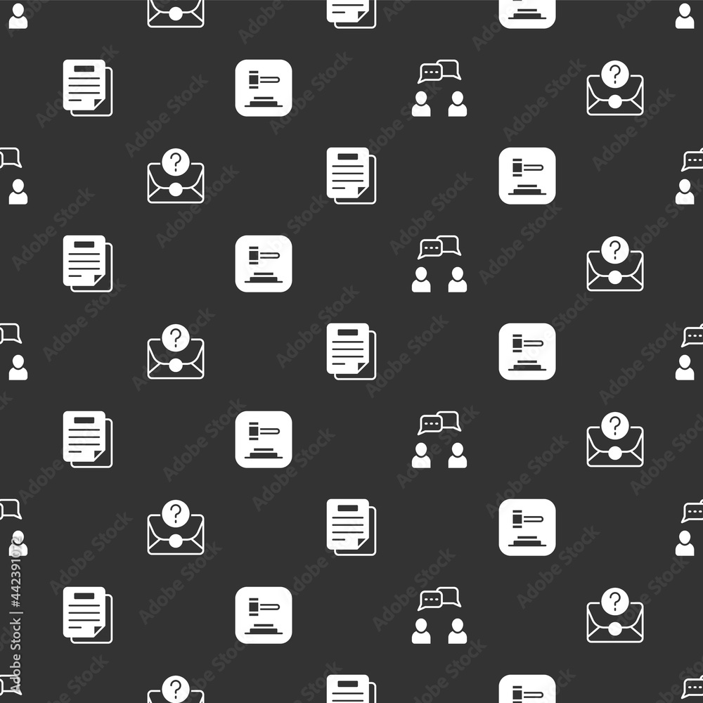 Poster set speech bubble chat, envelope with question mark, document and judge gavel on seamless pattern. v