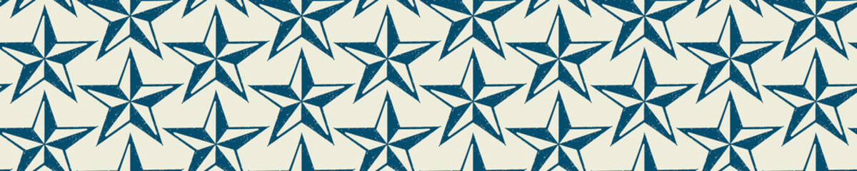 Coastal five pointed star drawn etching seamless border. Marine 2 tone seafaring printed background edge for interior textiles. Modern trendy maritime fashion. Sea life  design vector banner trim.
