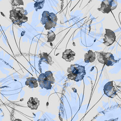 Naklejka premium Watercolor floral seamless pattern. Calendula, chamomile, poppy. Red poppy. Beautiful abstract background. For fabric, cover, packaging, material, scarf. Watercolor splash.Spikelet of wheat