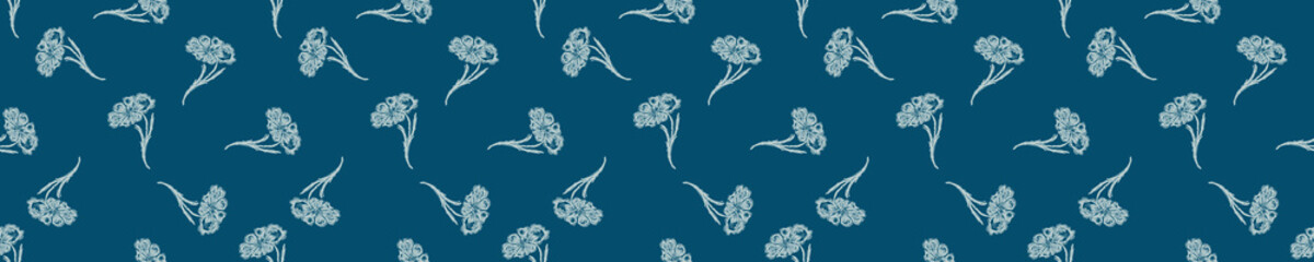 Coastal floral drawn etching seamless border. Marine 2 tone printed background edge for interior textiles and modern trendy maritime fashion. Flower motif  design vector banner trim.
