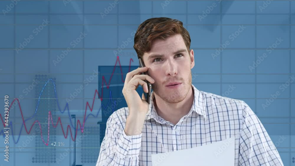 Poster animation of businessman speaking on smartphone data processing over empty office