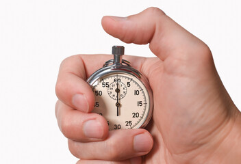 Stopwatch in hand, finger presses a button, start, finish, isolate, close-up