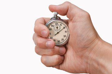 Stopwatch in hand, finger presses a button, start, finish, isolate, close-up