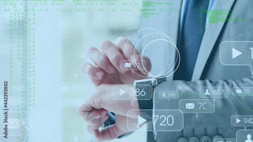 Poster animation of scope scanning and social media speech bubbles over businessman checking smartwatch