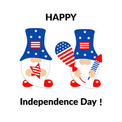 Couple american gnome with star, baloon, fireworks. Happy Independence.  Cute vector prints for 4th of July. Independence day design elements in the colors of the US national flag.