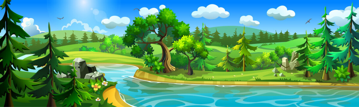 Summer nature landscape with a river passing through fields and forests. Large panorama.