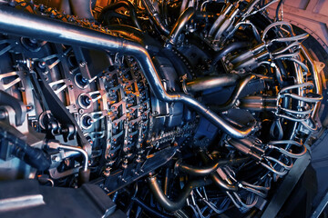 Parts of the operational gas turbine engine of a jet aircraft