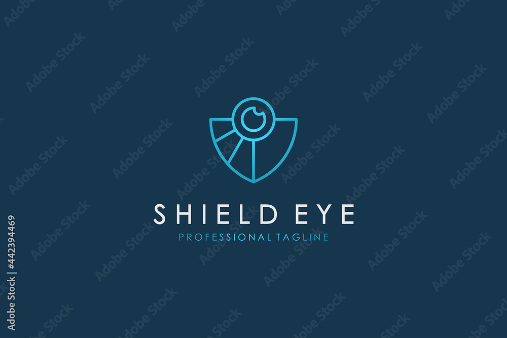 Poster abstract cyber security logo line. blue light shield icon linear style with eye lens camera combinat