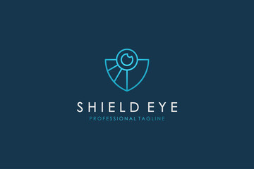 Abstract Cyber Security Logo Line. Blue Light Shield Icon Linear Style with Eye Lens Camera Combination isolated on Blue Background. Flat Vector Logo Design Template Element.