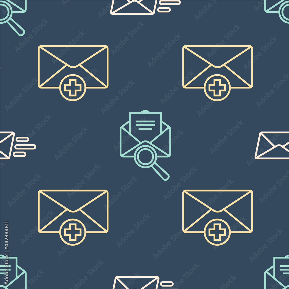 Poster set line express envelope, received message concept and envelope with magnifying glass on seamless p