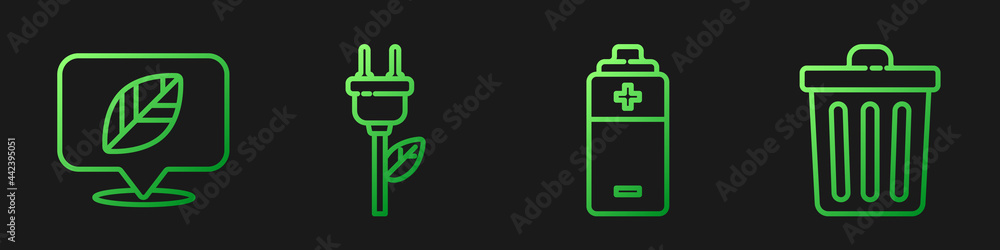 Poster set line battery, location with leaf, electric saving plug in leaf and trash can. gradient color ico
