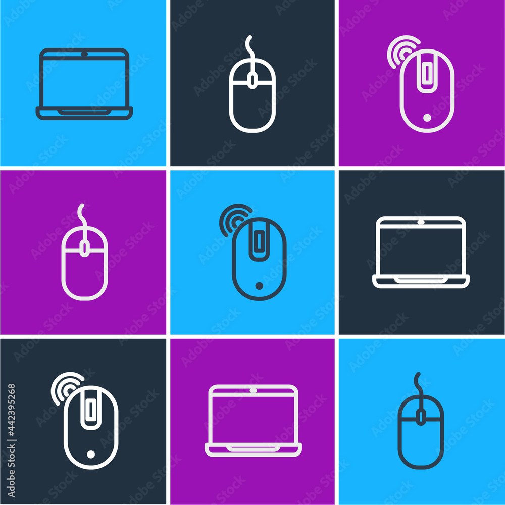 Poster set line laptop, wireless computer mouse and computer icon. vector
