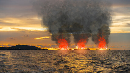 shipping fleet or many large general cargo ship for logistic import export goods the explosion and...