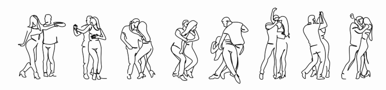 set of Latin American dances. An elegant couple dances salsa, bachata. Retro style. Linear drawing for printing T-shirts banners