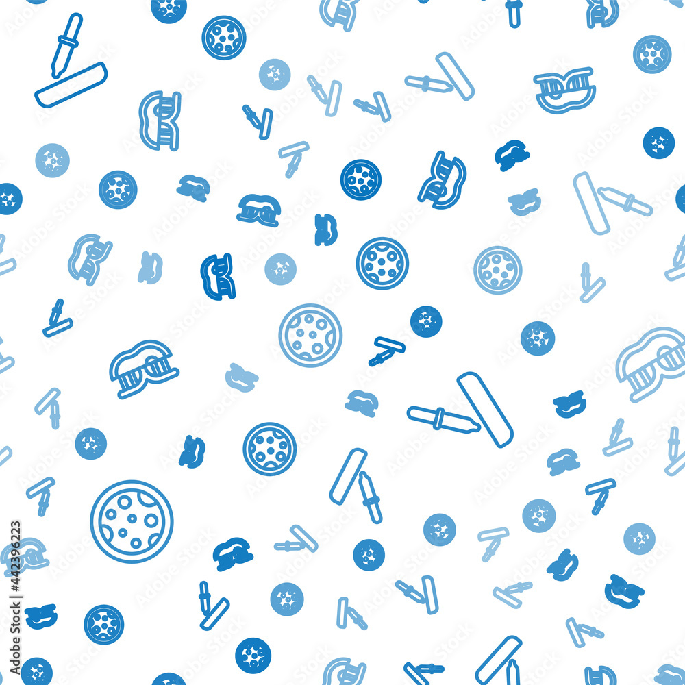 Poster set line petri dish with bacteria, pipette and genetically modified meat on seamless pattern. vector