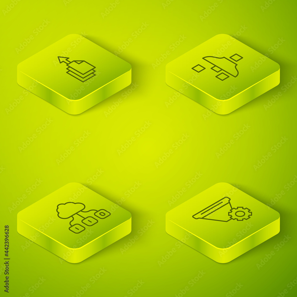 Poster Set Isometric line Filter setting, Cloud technology data transfer, and Data export icon. Vector