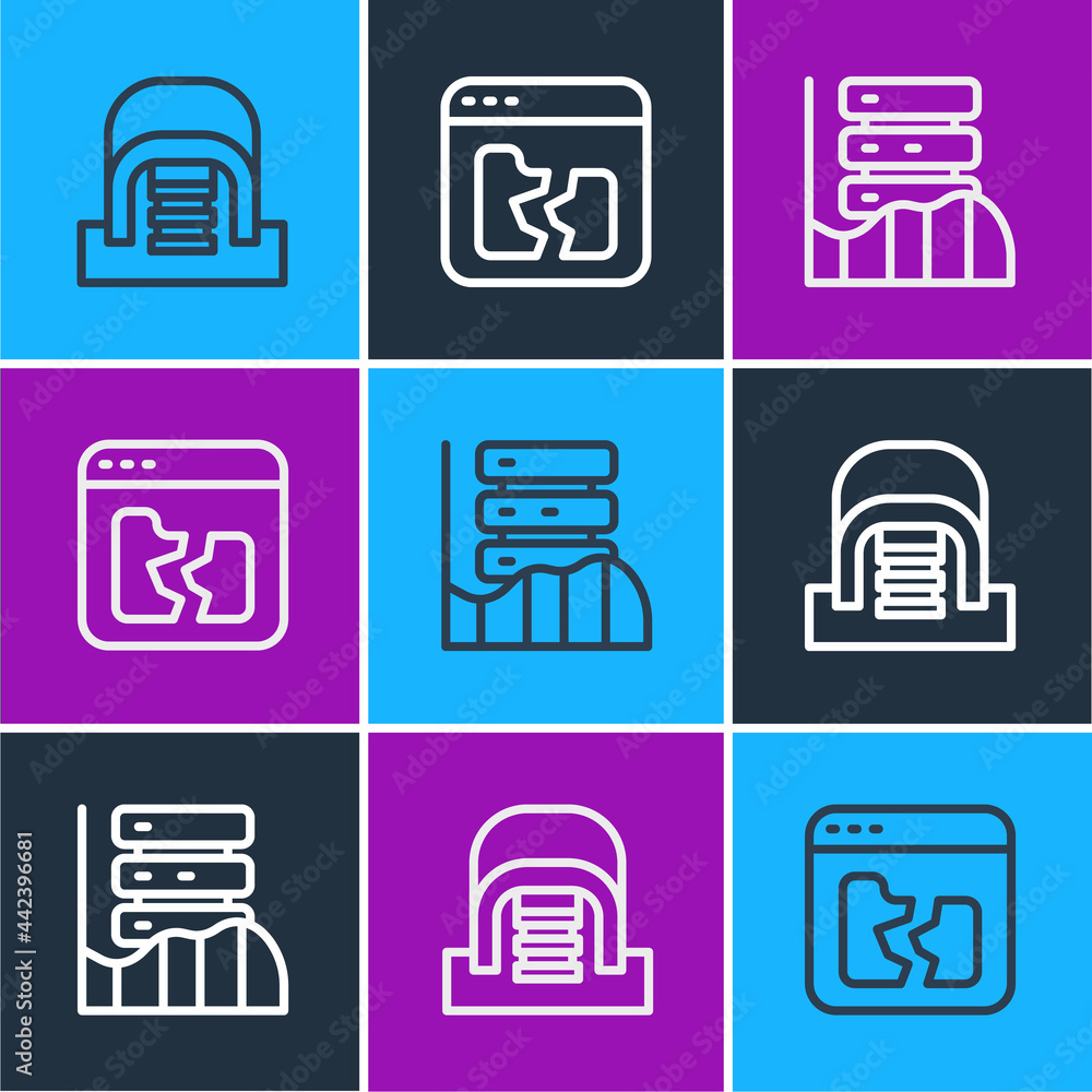 Poster set line hangar with servers, server, data, web hosting and broken file icon. vector