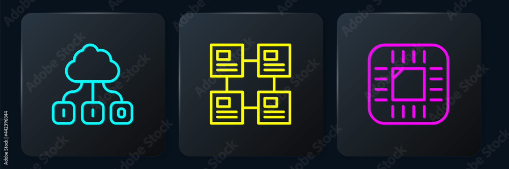 Poster set line cloud technology data transfer, processor with cpu and hierarchy organogram chart. black sq
