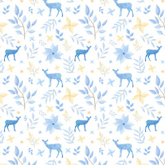 Watercolor blue pattern with  flowers, leaves and deer