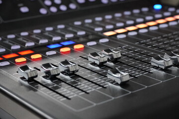 Audio sound DJ mixer control panel remote for music keyboard. close up view macro closeup. High quality photo