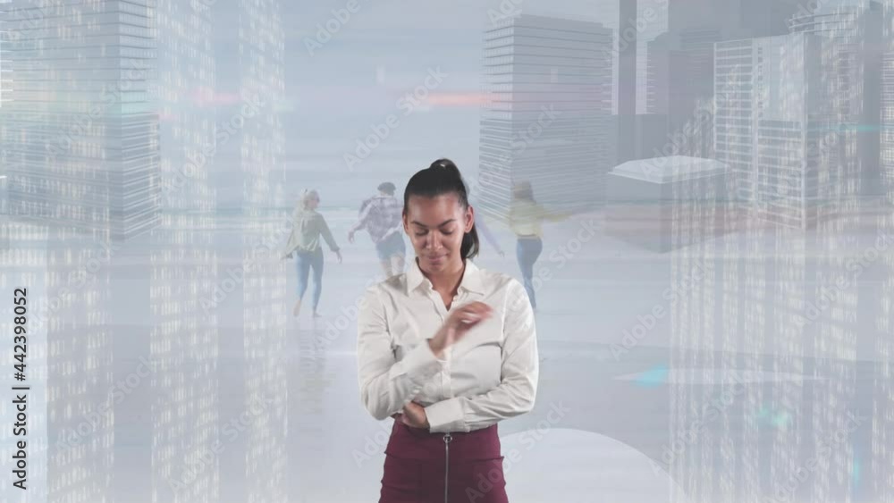 Poster animation of businesswoman using virtual screen with computer servers