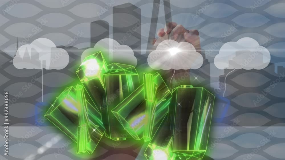 Poster animation of glowing green blocks with clouds and digital icons