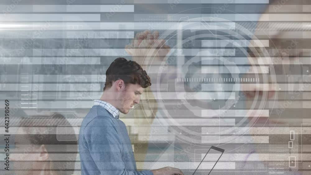 Poster animation of businessman using laptop and scope scanning