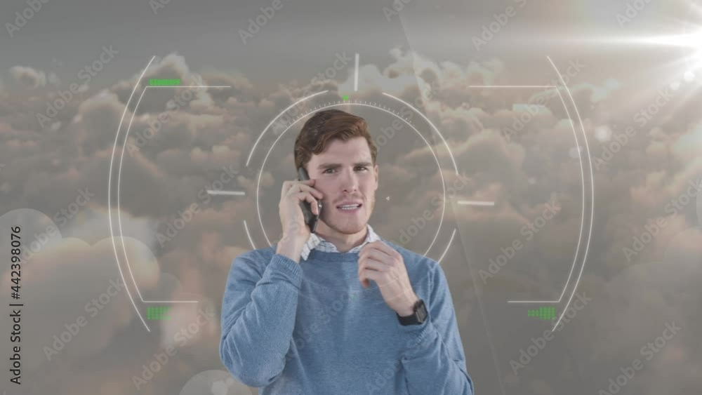 Poster animation of businessman using smartphone over scope scanning and clouds