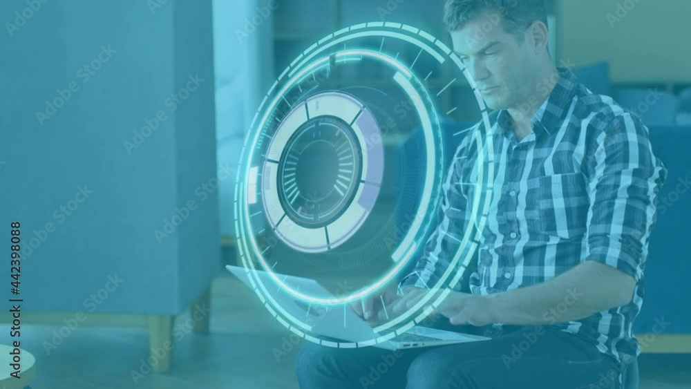 Poster animation of scope with data processing over businessman using laptop