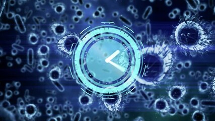 Animation of clock and circular scanner rotating over covid 19 cells, on blue