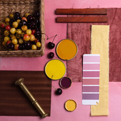 color palette mood board for decor and interior design top view