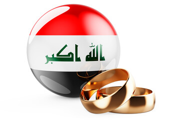 Weddings in Iraq concept. Wedding rings with Iraqi flag. 3D rendering