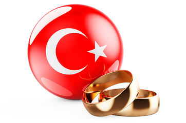 Weddings in Turkey concept. Wedding rings with Turkish flag. 3D rendering