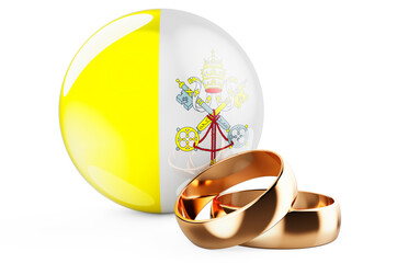 Weddings in Vatican concept. Wedding rings with Vatican flag. 3D rendering