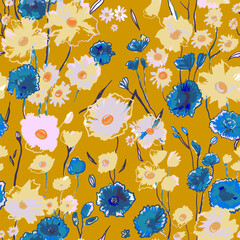 Cute pattern with small blue and white flowers on yellow. Millefleurs. Liberty style. Drawn floral seamless meadow background, texture, print. Vector illustration of wild cornflowers, chamomile