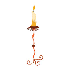 Burning candle in candlestick. Happy halloween holiday. Decoration for horror night. Vector cartoon illustration