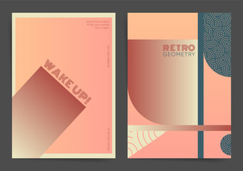 Retro gradient geometric poster set. Gradient artwork template for poster, web art, presentation, brochure, placard. Minimal backdrop elements with brutal trendy gradients halftone background.