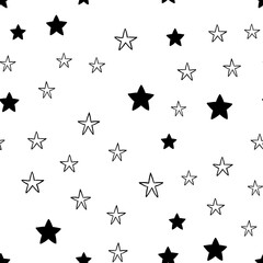Star doodles seamless pattern. Hand drawn stars illustrations, background texture. Monochromatic.