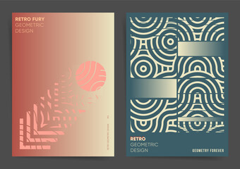 Wavy Geometric Asian Poster Design Template Set. Best for poster, web art, brochure, book cover. Chinese waves dragon and circles with geometric elements and abstract pattern. Vector background cover.