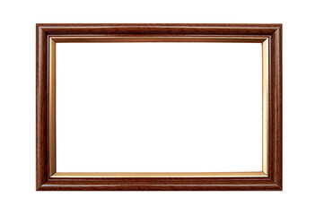 On a white background, a wooden frame with a gold insert for photos, various images