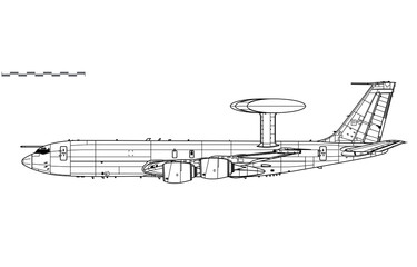 Sentry AEW1. Boeing E-3D. Vector drawing of airborne early warning and control aircraft. Side view. Image for illustration and infographics.