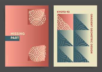 Geometric retro creative design poster template set. Abstract asian waves and circles on gradient red background. Retro deco geometric ornaments. For poster, cover, brochure, presentation layout.