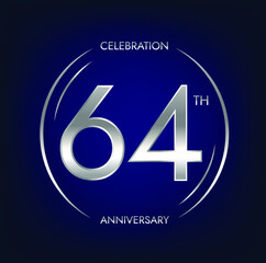 64th anniversary. Sixty-four years birthday celebration banner in silver color. Circular logo with elegant number design.