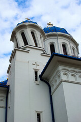 Detailed view of Saint Nicholas Church in Chernivtsi. Blue sky background. Built in the Romanian style neorominesk. Orthodox church in Chernivtsi, Bukovina, Ukraine