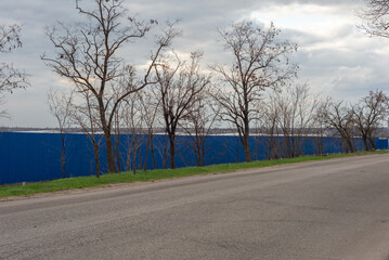 blue fence with trees near the road. Spring 2021