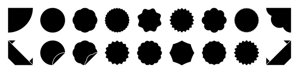 Sale sticker black label collection. Blank price tag and ribbon sign set. Isolated shopping offer adhesive icon on white background. Promotionnal badges. Vector illustration.