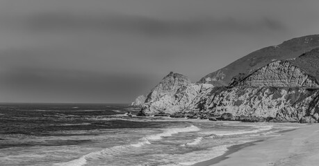 Black and white of the coastline off highway 1