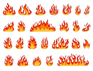 Cartoon flame. Bonfire flames, fireballs, burning candle or torch flame, blazing fire. Comic red or orange hot flaming fires effect vector set. Dangerous heat, flammable wildfire objects