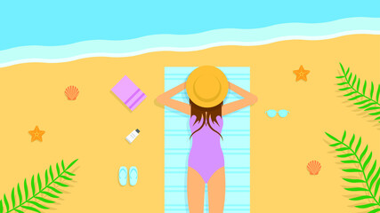Abstract Flat WoMan Sunbathes On The Beach With Hat Slipper Towel Cartoon People Character Concept Illustration Vector Design Style Water Relax Vacation Sand Branch Palm