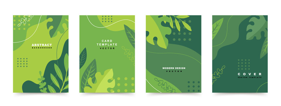 Set of abstract green Summer backgrounds with copy space for text, liquid shapes, leaves and elements. Modern design templates for banners, sale, posters, covers, cards, prints, flyers, social media